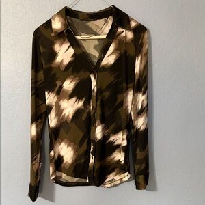 Tahari Abstract Print Button-Down Shirt - Forest, Black and Cream